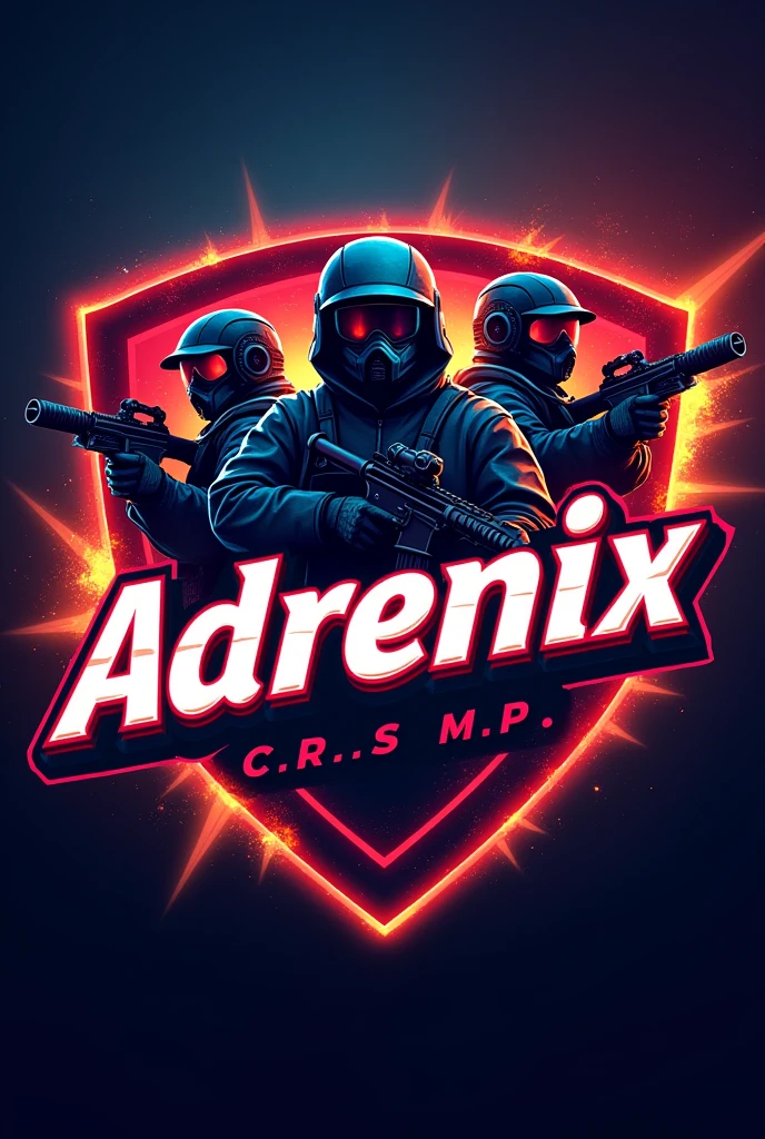 Esports logo with the name GAMING FIESTA BY Adrenix with bold animation in background having guns, guys, helmet