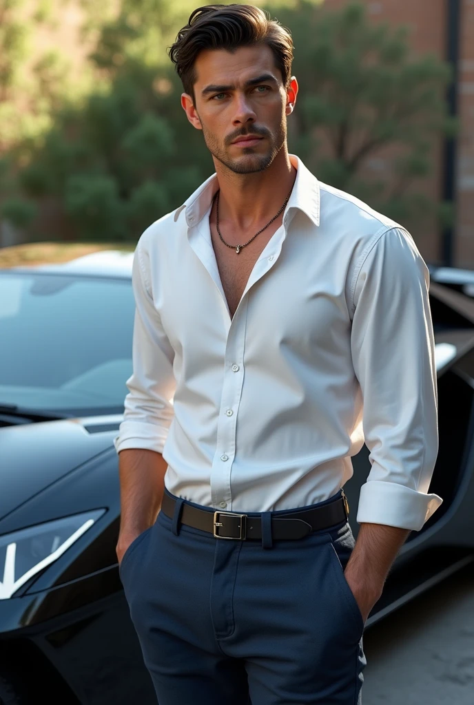 (photorealism:1.2), (8k) (detailed) (full body) Give me a man, Facial features: Square face with a marked jaw, prominent cheekbones and thick, dark eyebrows. Adds youthfulness to his appearance. Hair: Dark hair, usually combed back or with a slightly disheveled style, which can vary between short and medium. Eyes: Dark green eyes, with a penetrating look that expresses confidence, with cross-shaped hoops on each side. Build: slim and well-defined. Height 1.80, which gives him an imposing presence. Style: His style of dress: white shirt, midnight blue cloth pants. Skin tone: Tanned skin tone, typical of the Mediterranean. Expression: He usually has a serious or concentrated expression, although he can show a charming and confident smile. (standing next to a lamborgini car) (high resolution), (4k).