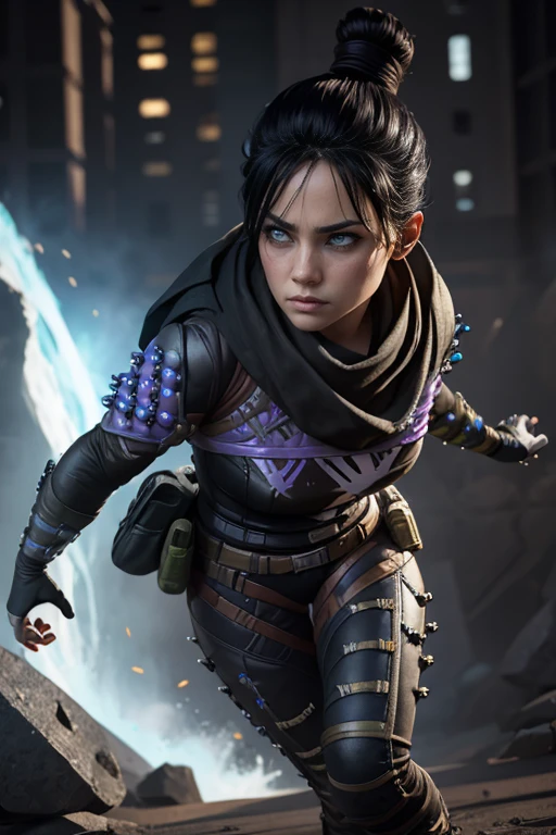 photo by full body, wraith (wraith apex legends), huge boobies, athletic body, 1 girl, solo, hair bun simples, hair bun, scarf,  Bblack hair, black scarf, blue colored eyes, bangss, bangss distributed, Hair behind the ear, mitts, piercing no nariz, mitts pretas, High detail, alta qualidade, melhor qualidade, 1080P, 16k, realista, 8k, Cinema 4D, Artgerm extremamente detalhado, [ Arte Digital 4K ]