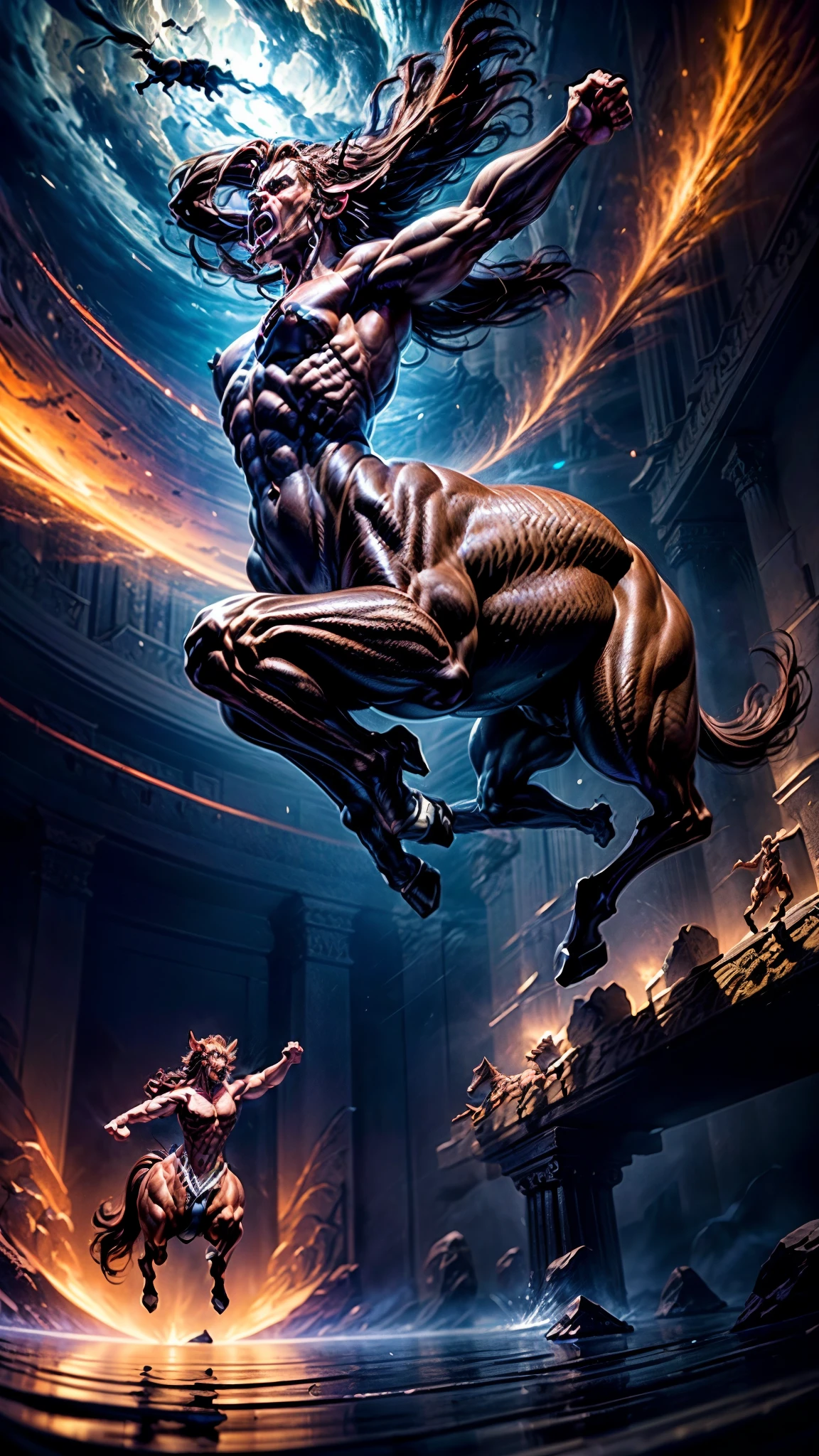 a highly detailed 3D render of a centaur jumping through the air, muscular body, rippling muscles, powerful hooves, fierce expression, mid-leap, dramatic lighting, cinematic composition, fantasy, matte painting, digital art, ultra-detailed, 8k, hyper realistic, photorealistic, intricate details, dynamic pose, majestic, cinematic, breathtaking, stunning