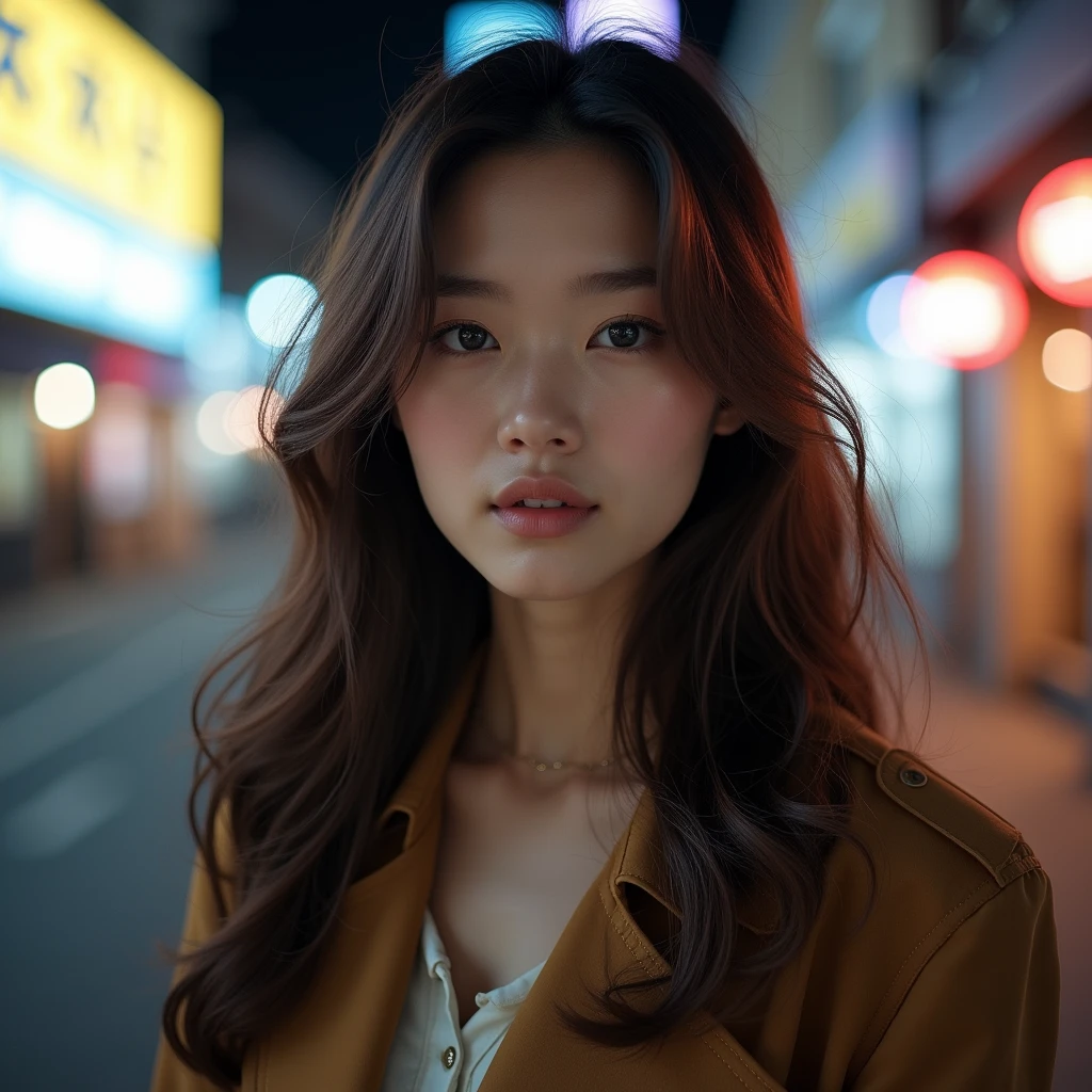 "A slightly elevated photo of a mid-20s young Korean woman, a model with long hair, wearing makeup and casual clothes, focusing on her upper body. The background features a blurred street night scene, highlighting her beauty."