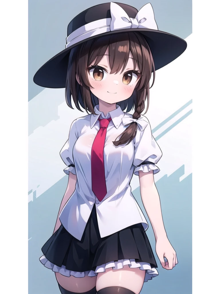 1girl, masterpiece, best quality, perfect hands, smile, blush, closed mouth, brown eyes, black thighhighs, zettai ryouiki, black skirt, frills, puffy short sleeves, black hat with white ribbon, black hat, white ribbon, usami renko, touhou, brown hair, short hair, miniskirt, white shirt, red necktie, single braid