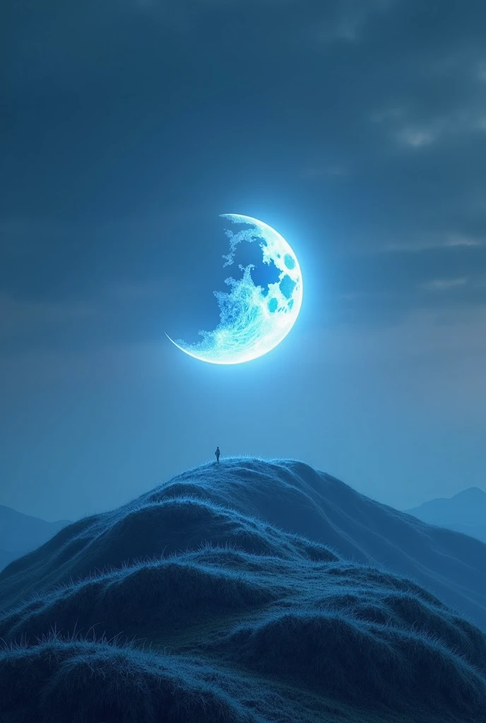 A hill with a moon in the middle, half blue