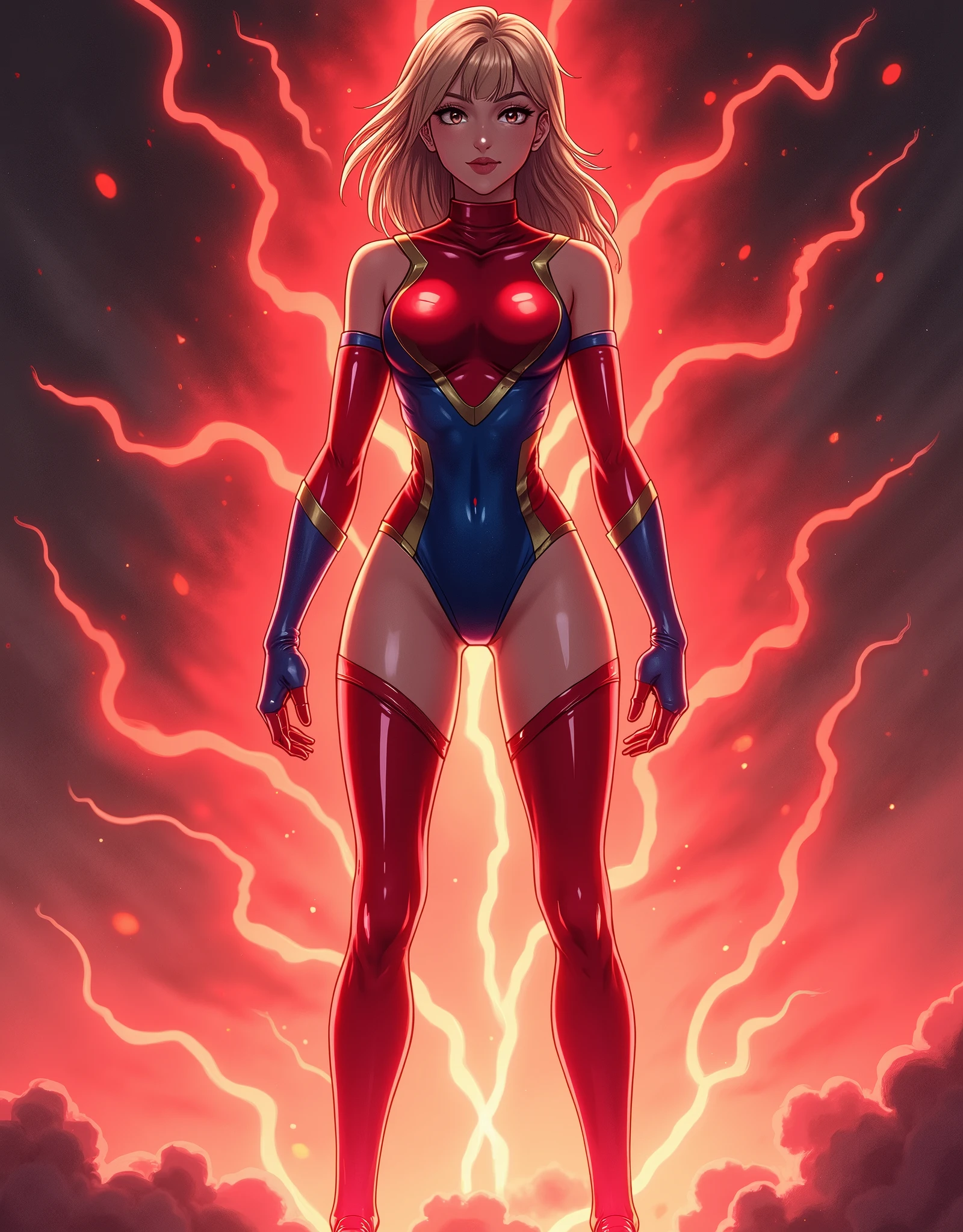Make an anime-style female superhero in a reg and blue leotard, with bare legs, matching boots and gloves, and her hands on her hip. Her body emits a bright red aura.
