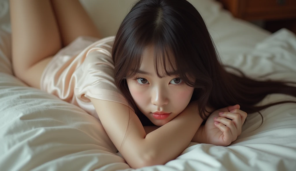 ((highest quality, masterpiece :1.3)), Photorealistic、Ultra-high resolution、Natural skin texture、Hyperrealism、Near Movies、Beautiful Japanese girl in her early teens、One girl、Tight crop top、Lying in bed、Frightened expression、Tears flowing