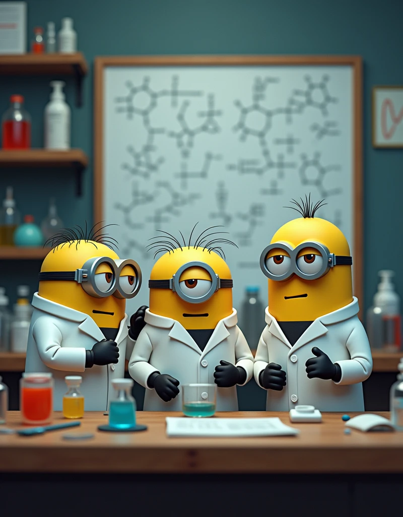 The laboratory is in a neat state., orderly. Minion Kevin, Bob and Stuart in scientist suits are gathered at a lab table., with a whiteboard behind filled with complex chemical formulas and detailed notes.