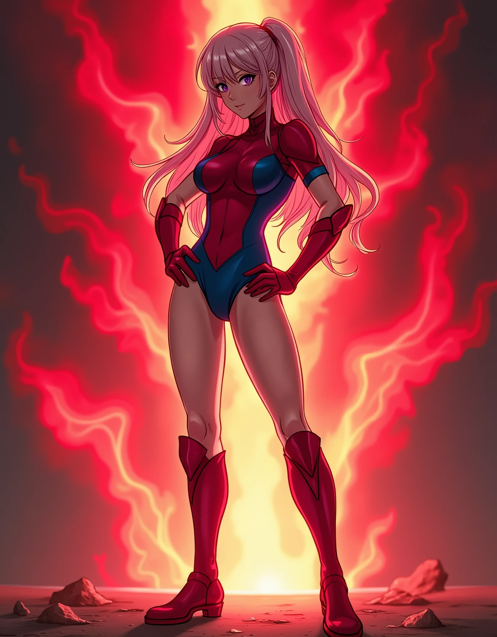 Make an anime-style female superhero in a reg and blue leotard, with bare legs, matching boots and gloves, and her hands on her hip. Her body emits a bright red aura.