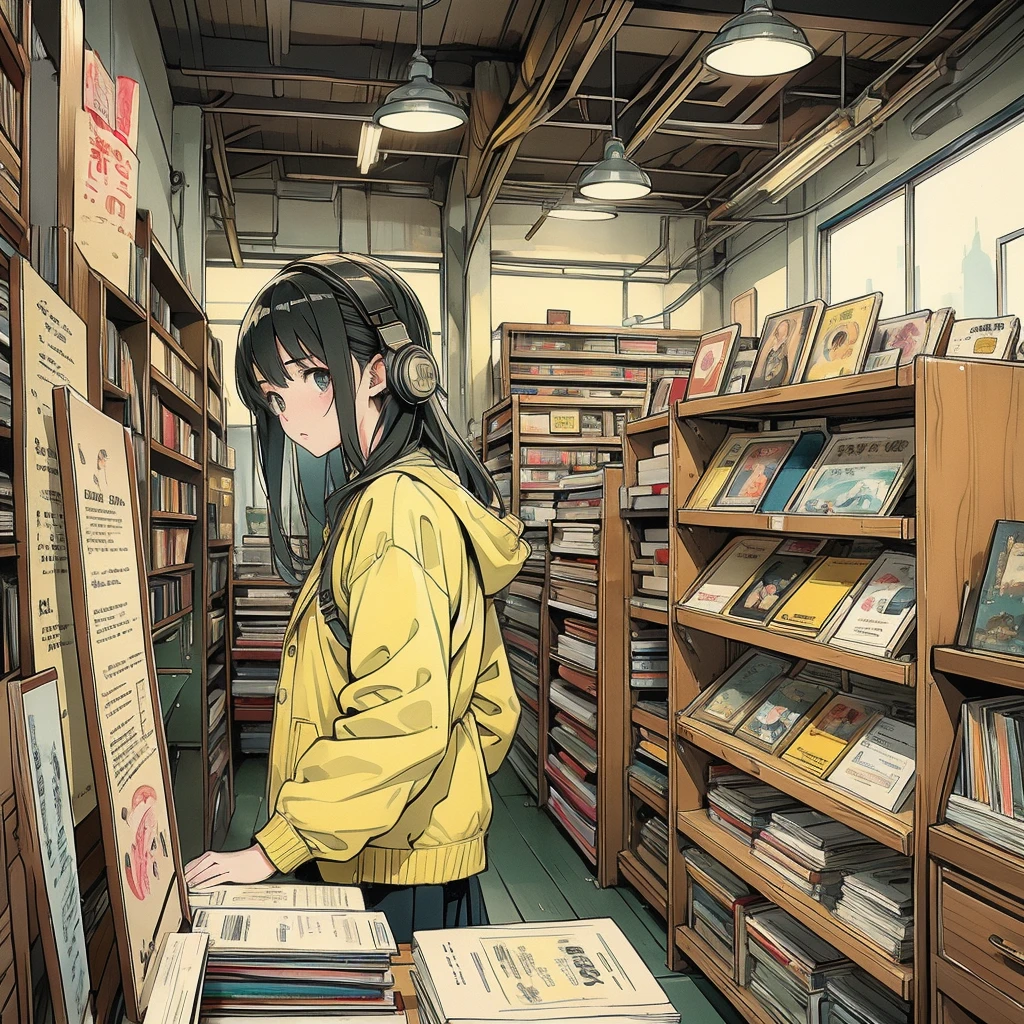 A young woman browsing records in a cozy record store、Create detailed and atmospheric scenes。. She should wear a yellow jacket and headphones., Lost in thought while examining records. There are various types of々There should be a lot of records like this., Colorful album cover. Lighting should be warm and inviting, Emphasise a nostalgic and intimate atmosphere. Using a realistic yet slightly stylized anime art style、Capture the emotion of your characters and the richness of your environments。.