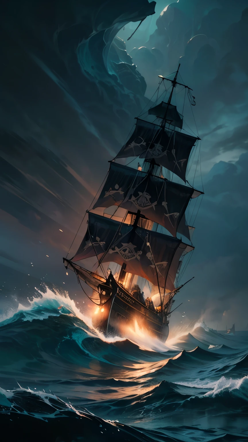 Pirate, ((Masterpiece, top quality, high resolution, highly detailed CG unified 8K wallpaper)), (dramatic seascape a pirate ship:1.5), a spectacular and dynamic poster with columns of fire and water, rain and thunder; a pirate flag with a skull symbol waving in a gust of wind; cannonballs flying and causing explosions, throwing debris into the air; ominous dark clouds in the sky threatening rain and chaos; an adventure movie poster; a pirate ship with a skull symbol in a pirate ship's hull. ominous dark clouds looming in the sky, threatening rain and chaos on the open sea, adventure movie poster,