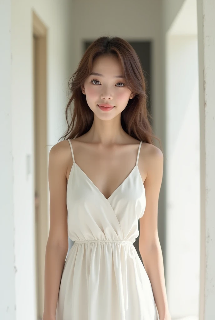 brunette, smile, normal chest, skinny face, white wall, no decoration, in summer white dress, looking at camera smiling, standing in white hallway