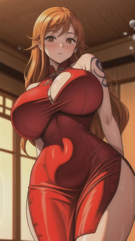 score_9, score_8_above, score_7_above, fountain_cheered up, Best Quality, clear face, us, Orange hair, orange eyes, by the wide, big breasts, perfect body, standing, looking at the viewer, shocked, chinese dress, Red clothes, dynamic angle, interior, wet clothes,blush,ashamed,see though the clothes,big tits,hands on the boob, view from below,bend,torn clothes