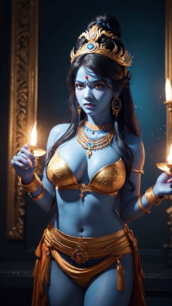 kali maa, hindu goddess, four armed, blue skin, multiple hands holding weapons, fierce expression, ornate headdress, mystical background, dark moody lighting, cinematic dramatic lighting, intricate jewelry, hyper detailed, photorealistic, (best quality,4k,8k,highres,masterpiece:1.2),ultra-detailed,(realistic,photorealistic,photo-realistic:1.37),HDR,UHD,studio lighting,ultra-fine painting,sharp focus,physically-based rendering,extreme detail description,professional,vivid colors,bokeh