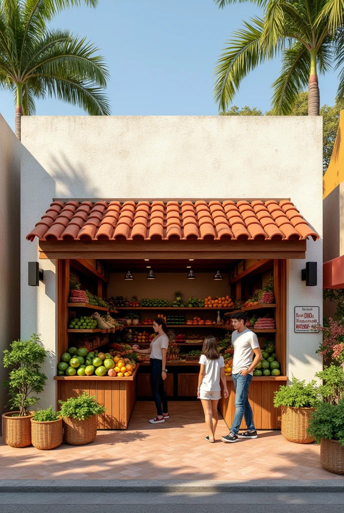 Commercial premises for the sale of fruits and vegetables inside a market with dimensions of 6x4 meters, Modern Mexican style using light-colored quarry cladding on the façade with an inclined front overhang of annealed red clay tiles, in front of each store, a staff person inviting people to enter and inside each store, a couple or family buying.
