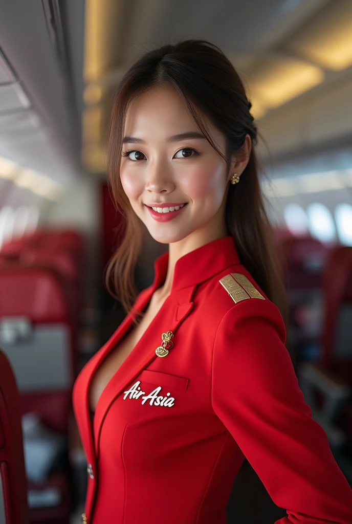 a beautiful woman wearing AirAsia's cabin crew uniform with post of smart