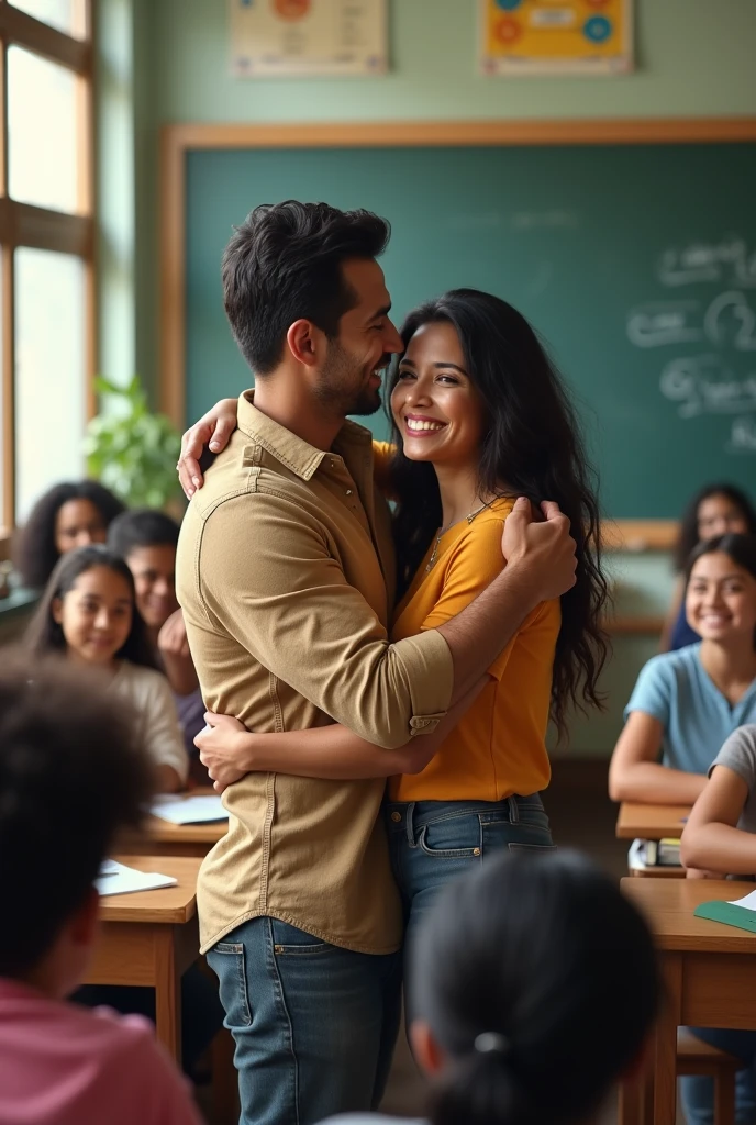 Handsome, muscular Puerto Rican male and female teacher hugging each other while teaching a class for boys and girls.