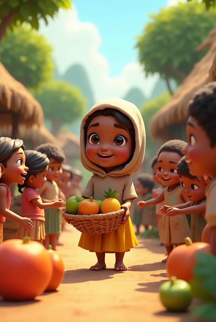 Prompt: Amina back in her village, surrounded by smiling villagers. She shares the fruits with them, showing everyone happy and thankful, demonstrating the blessings of helping others.white small girl 3D animated cartoon 