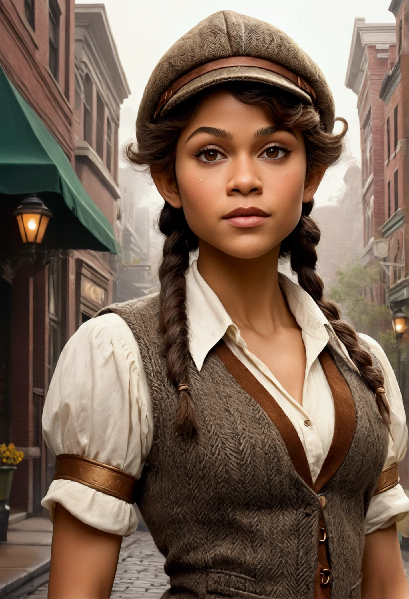 An illustrated movie poster, hand-drawn, full color, an elven maiden, wearing a tweed vest and a newsie cap, tall, toned, amazonian stature, athletic hourglass figure, busty chest, long pointy elf ears, amber eyes, dark hair, curly bob cut, warm almond skintone, freckles, resembles Zendaya, standing on a foggy Victorian-era street corner, graphite shading, stencil marks, airbrushed acrylic paint, masterpiece, elf ears