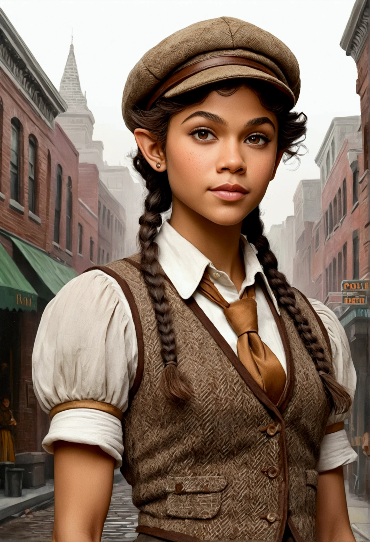 An illustrated movie poster, hand-drawn, full color, an elven maiden, wearing a tweed vest and a newsie cap, tall, toned, amazonian stature, athletic hourglass figure, busty chest, long pointy elf ears, amber eyes, dark hair, curly bob cut, warm almond skintone, freckles, resembles Zendaya, standing on a foggy Victorian-era street corner, graphite shading, stencil marks, airbrushed acrylic paint, masterpiece, elf ears