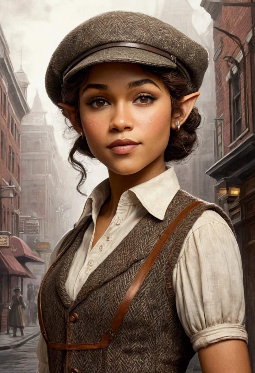 An illustrated movie poster, hand-drawn, full color, an elven maiden, wearing a tweed vest and a newsie cap, tall, toned, amazonian stature, athletic hourglass figure, busty chest, long pointy elf ears, amber eyes, dark hair, curly bob cut, warm almond skintone, freckles, resembles Zendaya, standing on a foggy Victorian-era street corner, graphite shading, stencil marks, airbrushed acrylic paint, masterpiece, elf ears