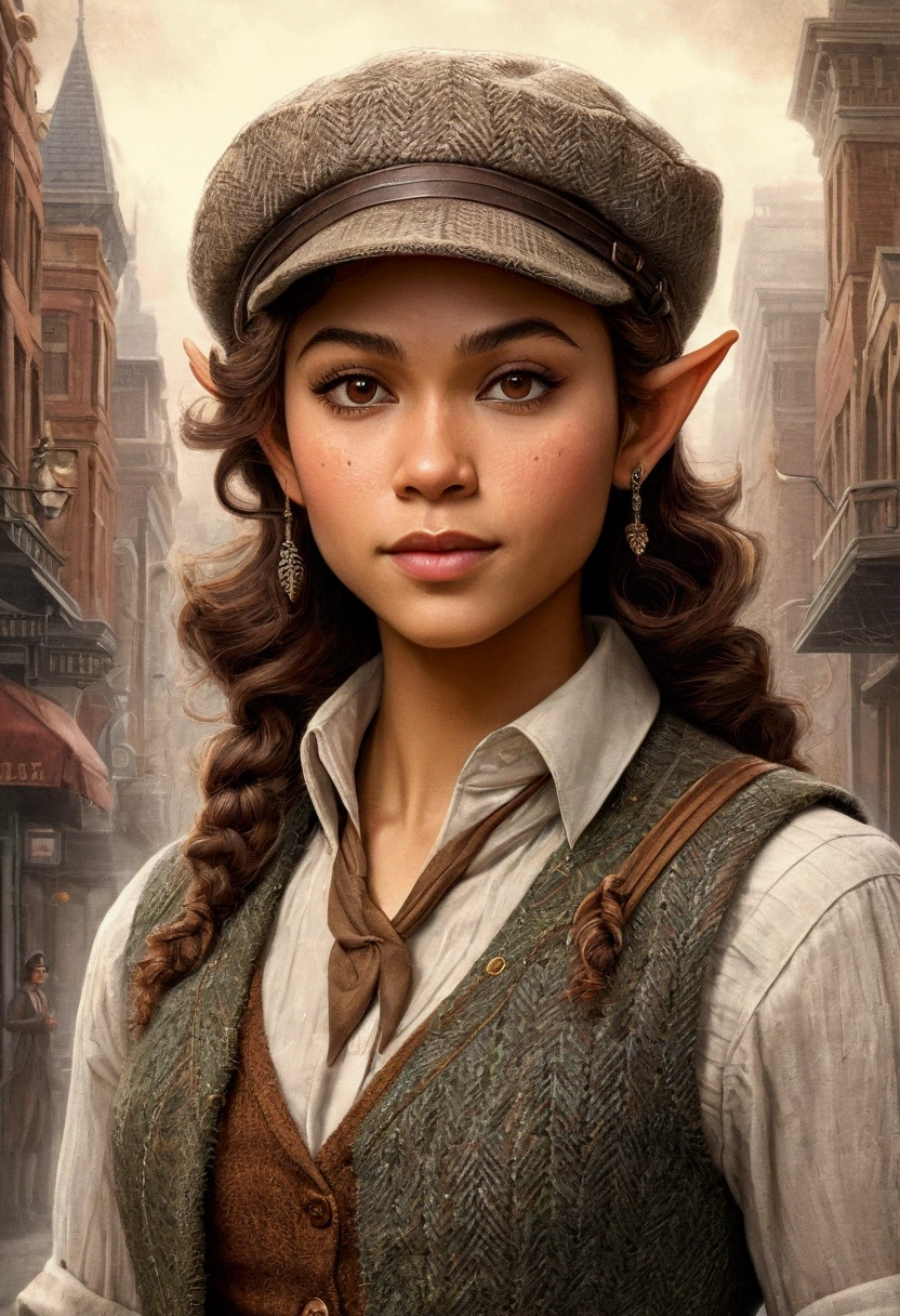 An illustrated movie poster, hand-drawn, full color, an elven maiden, wearing a tweed vest and a newsie cap, tall, toned, amazonian stature, athletic hourglass figure, busty chest, long pointy elf ears, amber eyes, dark hair, curly bob cut, warm almond skintone, freckles, resembles Zendaya, standing on a foggy Victorian-era street corner, graphite shading, stencil marks, airbrushed acrylic paint, masterpiece, elf ears