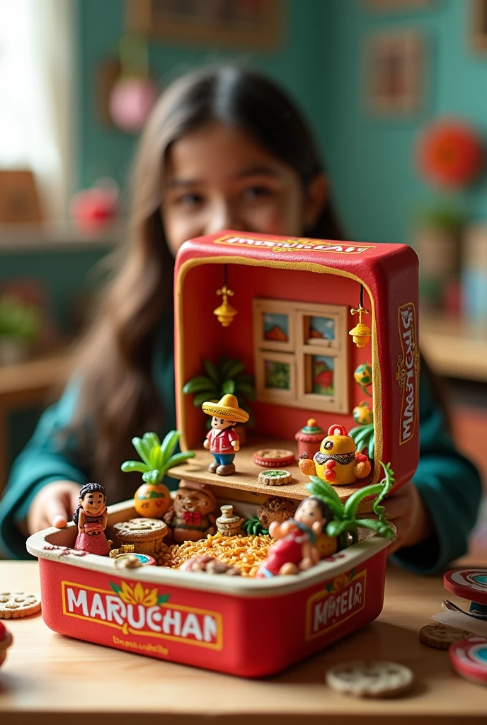 3 photos of a Maruchan soup that looks like an open Polly Pocket set and has Mexican characters and furniture inside. That this toy is on a Mexican girl's desk where you can see kawaii things in the background.
