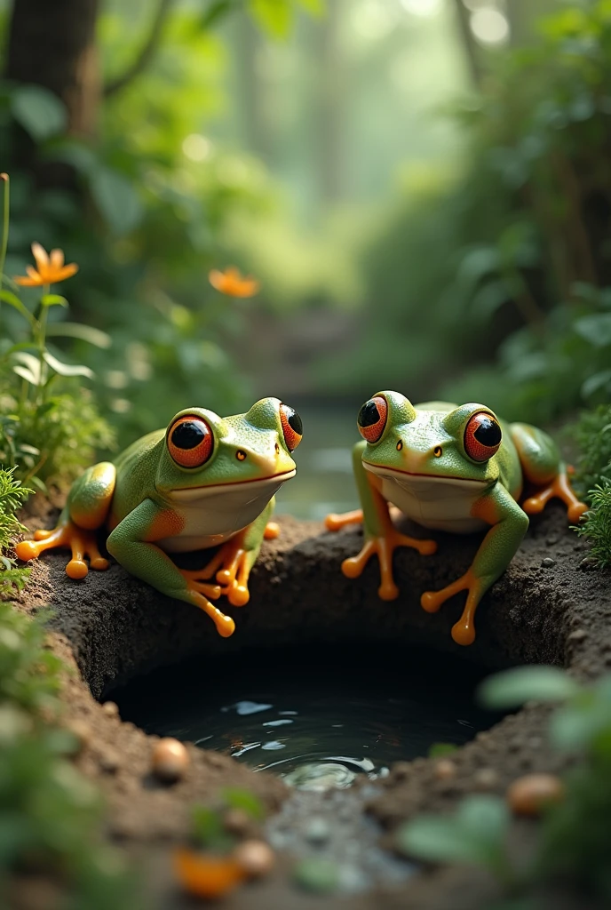 Two frogs turn around and fall into a hole