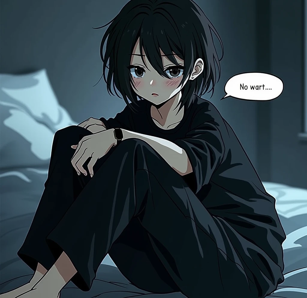 - Sitting on the edge of a bed with your feet on the floor - Legs slightly open and arms relaxed at the sides of the body - Back slightly leaning forward, with a relaxed posture but with a feeling of tension.
- Cold and distant look, with eyes slightly narrowed - Eyebrows slightly furrowed, with an expression of disinterest or disdain - Mouth slightly open, with a neutral expression - Black T-shirt, Long sleeves - Loose black leather pants - No shoes, barefoot - with just a simple watch on the wrist - Dim and cold lighting, with deep shadows in the room - Dark and neutral background, like a grey or black wall - Light comes from a side source, creating shadows on the face and body - Black and disheveled hair, with locks falling over the forehead - Dark eyes, with an intense and cold look - Pale skin, with a soft and slightly translucent texture