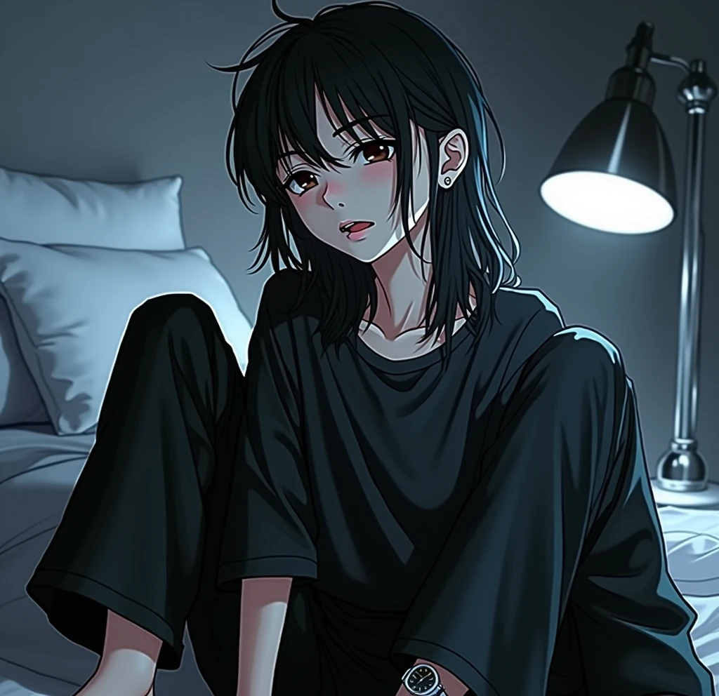 - Sitting on the edge of a bed with your feet on the floor - Legs slightly open and arms relaxed at the sides of the body - Back slightly leaning forward, with a relaxed posture but with a feeling of tension.
- Cold and distant look, with eyes slightly narrowed - Eyebrows slightly furrowed, with an expression of disinterest or disdain - Mouth slightly open, with a neutral expression - Black T-shirt, Long sleeves - Loose black leather pants - No shoes, barefoot - with just a simple watch on the wrist - Dim and cold lighting, with deep shadows in the room - Dark and neutral background, like a grey or black wall - Light comes from a side source, creating shadows on the face and body - Black and disheveled hair, with locks falling over the forehead - Dark eyes, with an intense and cold look - Pale skin, with a soft and slightly translucent texture
