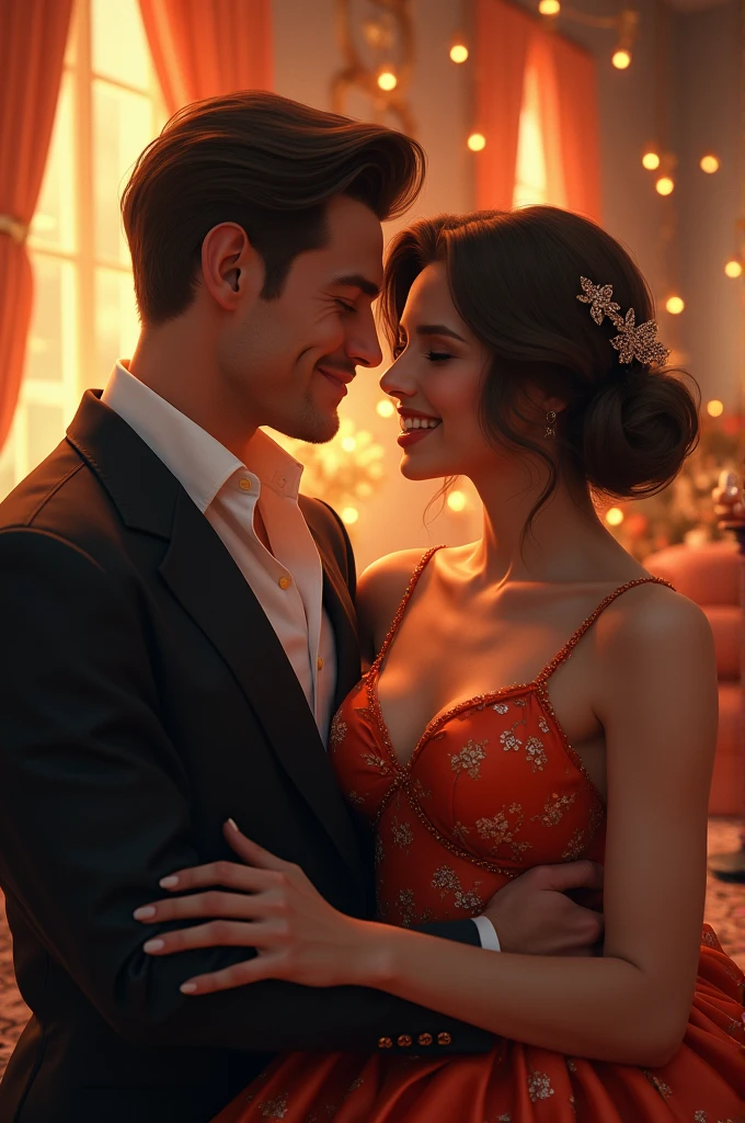 A man, handsome face, with a pretty lady, the pretty lady has short brown hair, pretty face, a beautiful couple, both of them wearing hyper clothes, inside the house, indoor, having fun, laughing, fantasy
