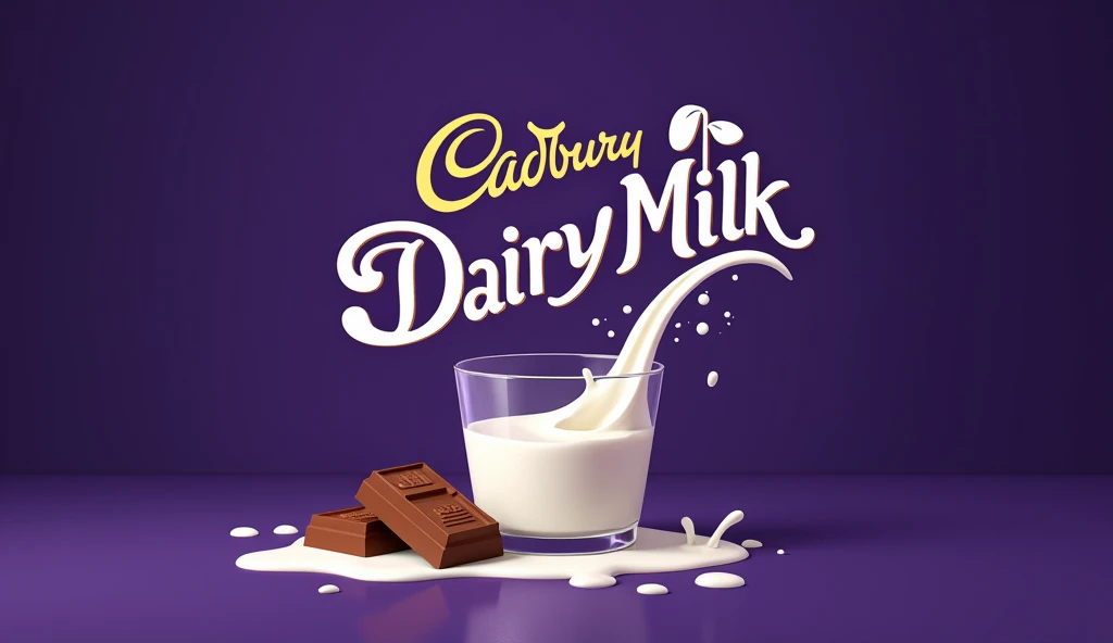 2d graphic logo , cadbury Dairy milk in different font and design, use milk pouring from glass in it , logo should be creative and different from real , use golden and white color in the royal purple back ground, use 2 chocolate pieces in logo .