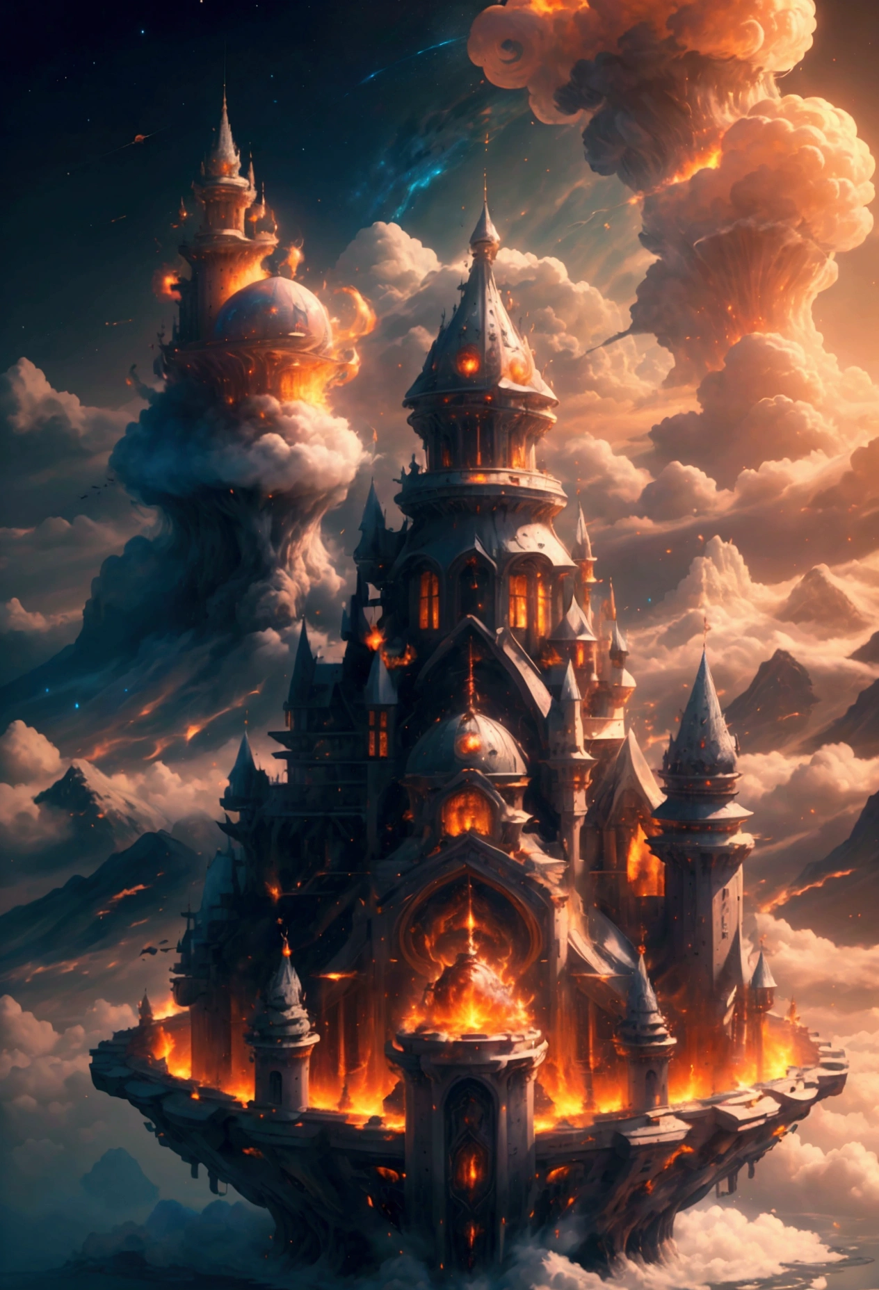 (masterpiece,top quality,high quality)), ((8K wallpaper unified with high definition CG)), multiple mountains with a castles floating in the sky looking heavenly and divine surrounded by swirling magic fire and water,