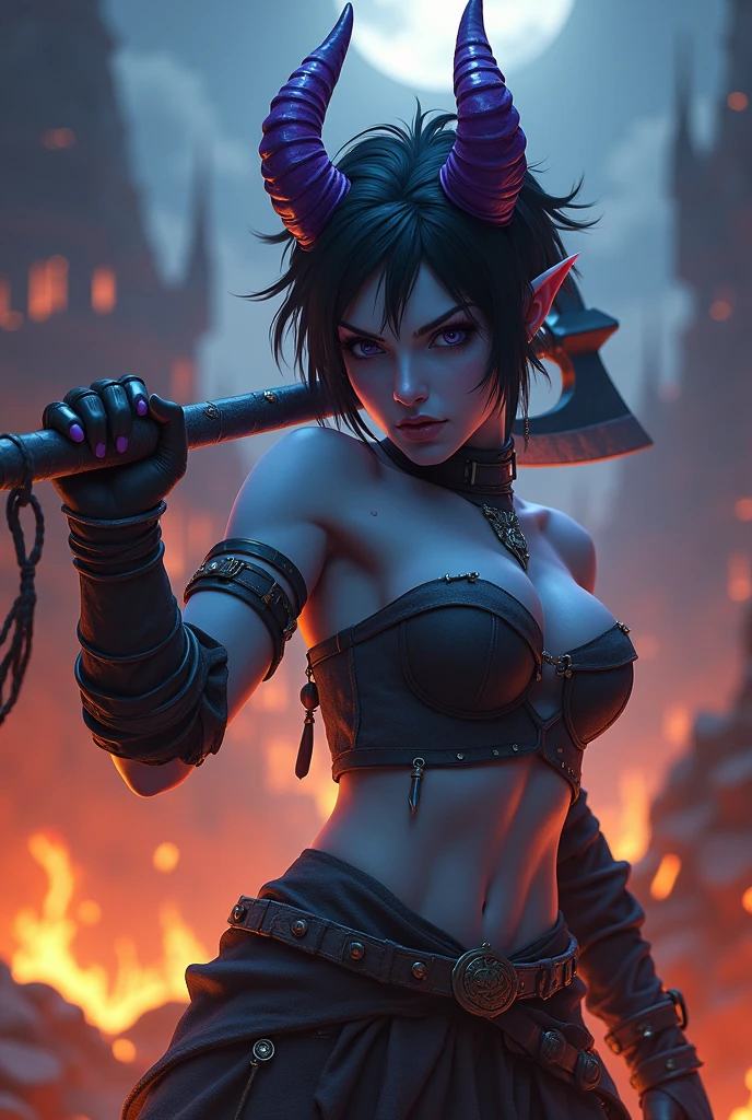 Destiny, the light blue Tiefling from Dungeons and Dragons, best quality, ultra-detailed CG unity 8k wallpaper, raging, high resolution, dynamic pose, beautiful face, 2 demon horns (Purple and black eyes:1.2, black and purple hair:1.3, pixie cut hair, ragged cloth armor, tiny boobs, bare midriff), depth of field, firey hellscape, dark light, night time), (high fantasy), weilding a waraxe