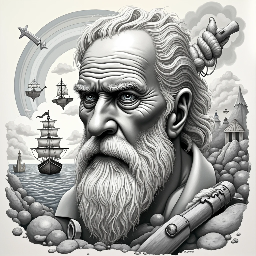 A photo of a cubist street art piece with a nautical surrealism theme. The artwork is of an elderly man with a beard. The man's head is surrounded by various nautical elements such as a ship, a anchor, and a rope. The background is a dreamy psychedelic landscape with floating islands and a rainbow. The artwork is in the style of ink and wash, with white and gray tones.