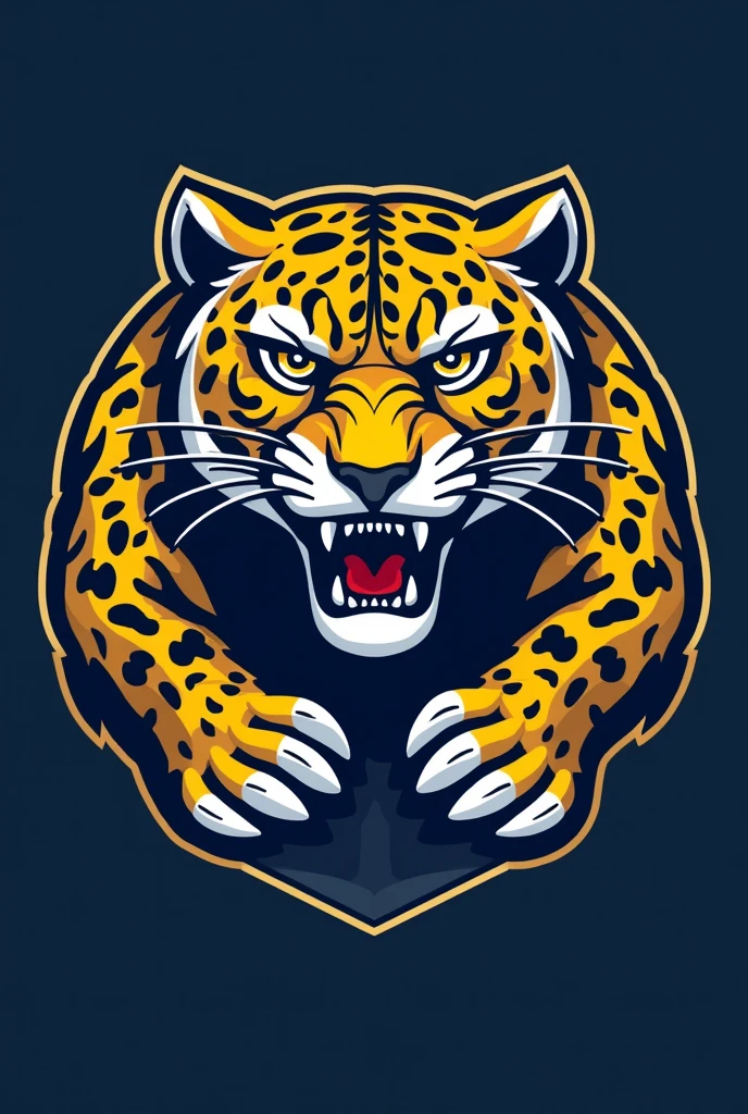 Hello, I need your help to create a slogan for 'Atlética Predadora', a university athletic team with a jaguar mascot. The slogan must reflect power, mastery and excellence. Por favor, generate some impactful slogans that incorporate these elements and the concept of predator." Use visual elements with dark blue, white and gold, the jaguar with its original colors which is yellow with black tips. PROVIDE ME WITH AN IMAGE OF WHAT A WOMEN'S CROPPED TOP WOULD LOOK LIKE
