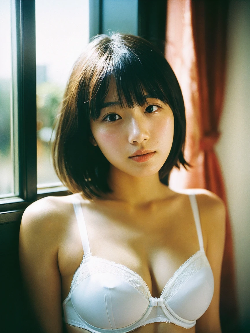Japanese women, White bra、I can see your belly button、Sweaty shiny skin、Young Face, Bob Cut Hair, morning, window, Incomplete details, Shooting with Leica, analog, 35mm:: (Artistic light leakage:1.4), Lens flare::4 - Style Row - AR 2:3 --s 150 --c 4