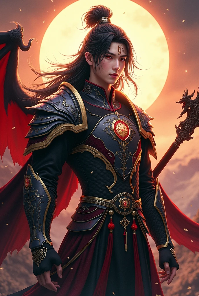 Handsome young xianxia protagonist,Chinese handsome,clear face detailed,perfect lighting,guy,man,long black obsidian hair, Crimson red eyes combination ,and long black tint hair,and the golden rune motiv engraved on his forehead,use armour featuring like God of evil with black and silver dominant color,pauldron protective shape like dragon head,breastplate featuring like qiongqi four perils Chinese beast((search reference for 4 perils Chinese beast qiongqi)),breastplate detailed emperor dragon head shape,shoulder protective dragon shape like head red and blue,sun and moon and circling at the background,ultra detail,the tassel of the armour like river of galaxy, combination of black and red dominant color,darkest red dominant color, Crimson dark red dominant color armour,with majestic silver line ,held halberd of abyss,halberd extreme detailed, And demonic wings at back,demonic wings at back,terrifying aura around,24K ultra hd,face and eyes detail,lips and face detail,masterpiece ,better quality