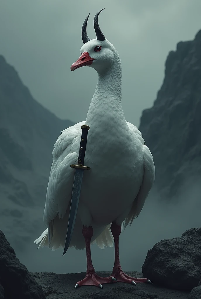 Serious Japanese style grey goose with knife, devil horns on head against mountains in the dark