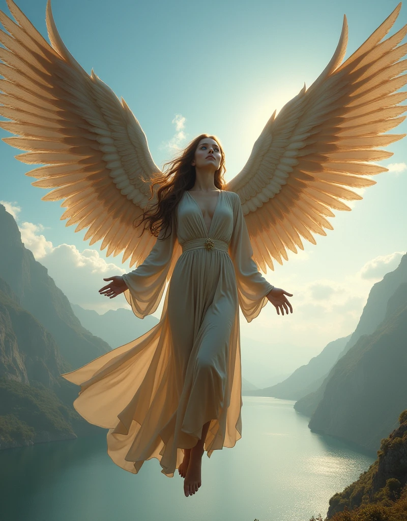 WINGED WOMAN, HUGE LONG HAIR, LIGHT BROWN HAIR, HUGE BROWN FEATHERS, LONG BEIGE DRESS, LONG FLARE SLEEVES, PALE SKIN, BLUE EYES, LOOKIING UP, HIGH CHEEKBONES, ROSY CHEEKS, MENTAL FORAMEN, ENIGMATIC FACE EXPRESSION, MUSCLES, SUN, STRONG BACK LIGHTS, BLUE SKY, CLOUDS, RIVER, ANGEL FROM HEAVEN,FLYING WINGGED WOMAN,