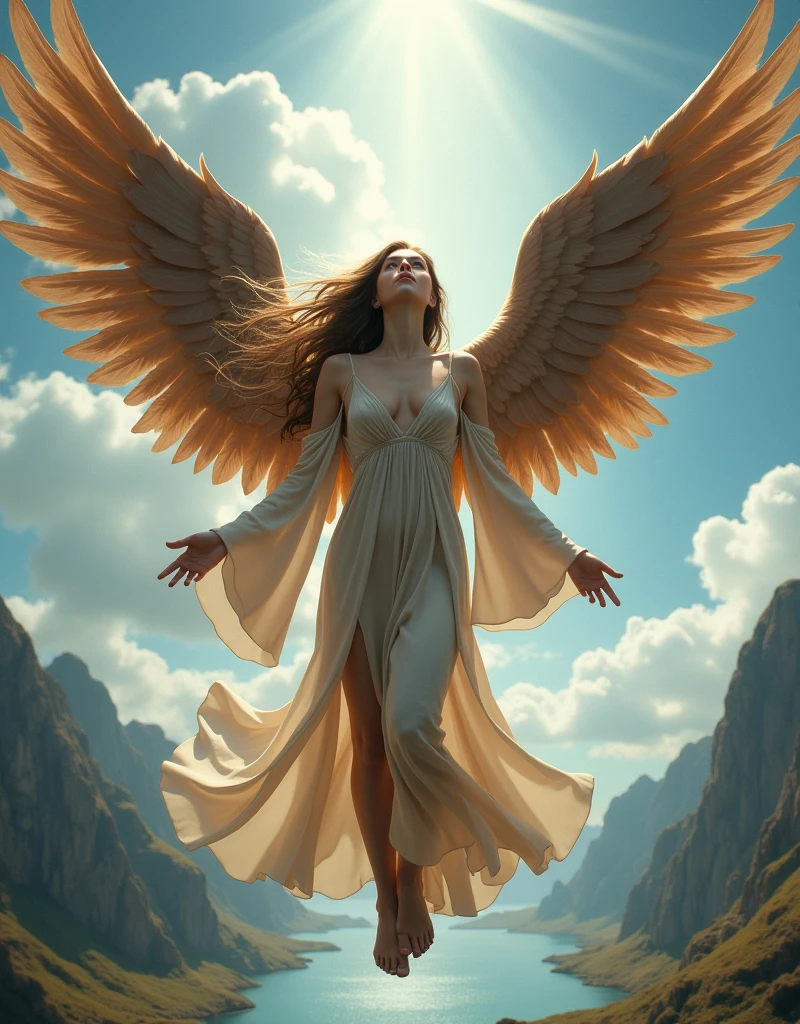 WINGED WOMAN, HUGE LONG HAIR, BROWN HAIR, HUGE BROWN FEATHERS, LONG BEIGE DRESS, PALE SKIN, BLUE EYES, MUSCLES, SUN, RIVER, ANGEL FROM HEAVEN