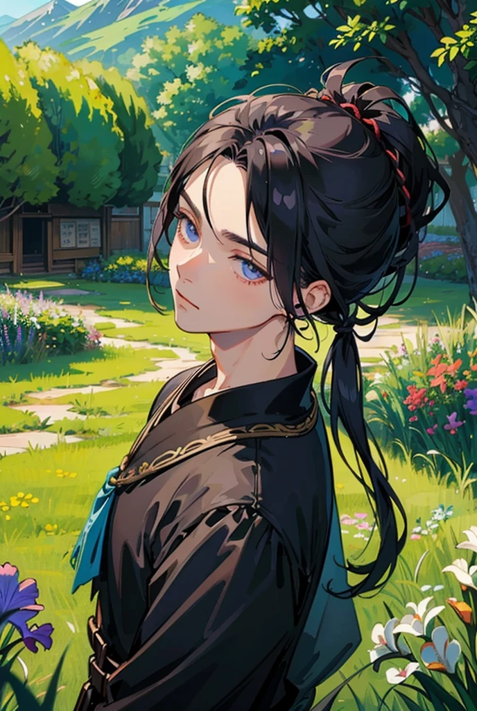 Black Hair,Iris,Unfriendly,male,male性中心,Fantasy,Grassland Background,maleの人,I have my hair tied back,Well-built,Fantasyな服