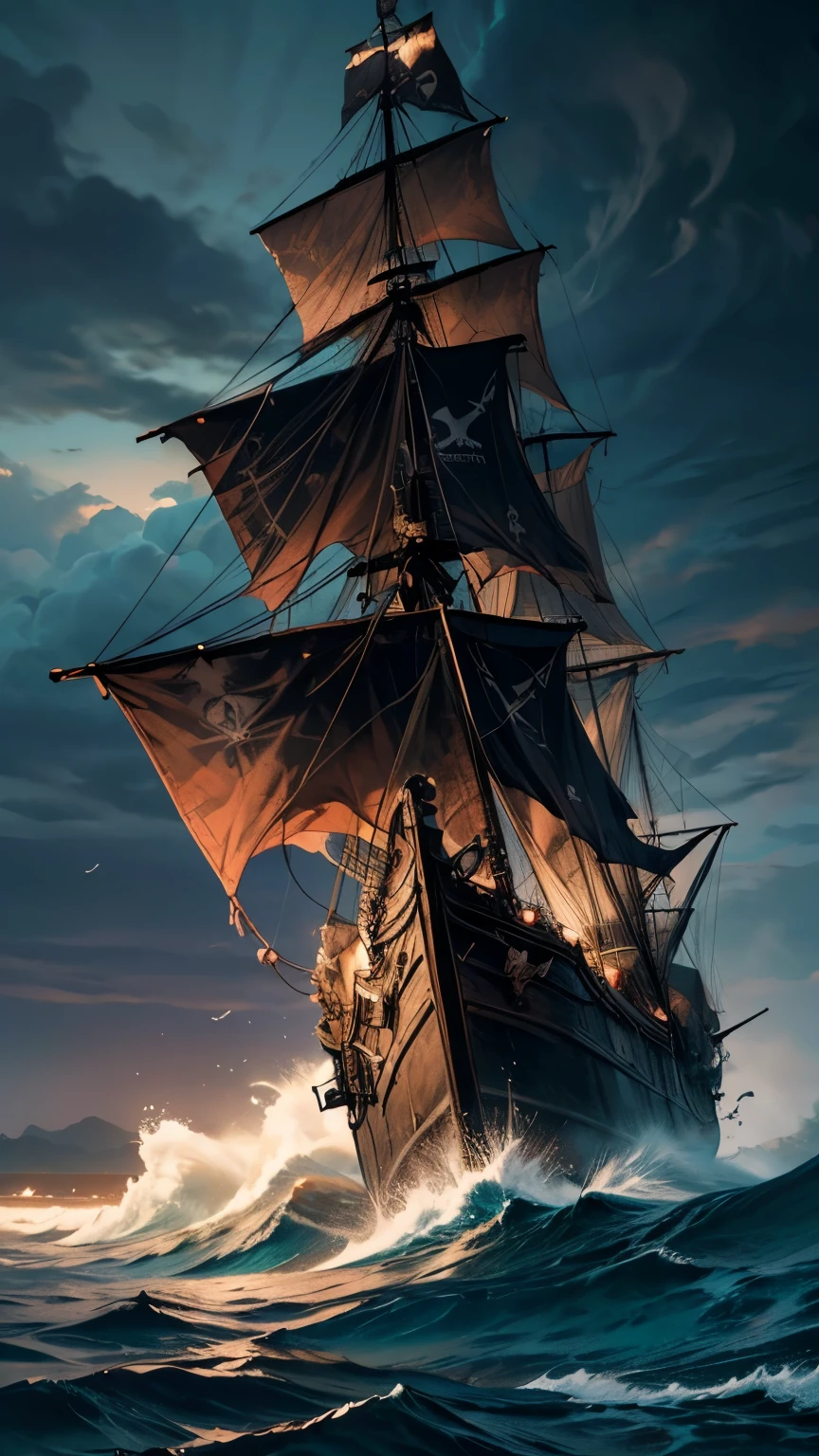 Pirate, ((Masterpiece, top quality, high resolution, highly detailed CG unified 8K wallpaper)), (dramatic seascape a pirate ship:1.5), a spectacular and dynamic poster with columns of fire and water, rain and thunder; a pirate flag with a skull symbol waving in a gust of wind; cannonballs flying and causing explosions, throwing debris into the air; ominous dark clouds in the sky threatening rain and chaos; an adventure movie poster; a pirate ship with a skull symbol in a pirate ship's hull. ominous dark clouds looming in the sky, threatening rain and chaos on the open sea, adventure movie poster,