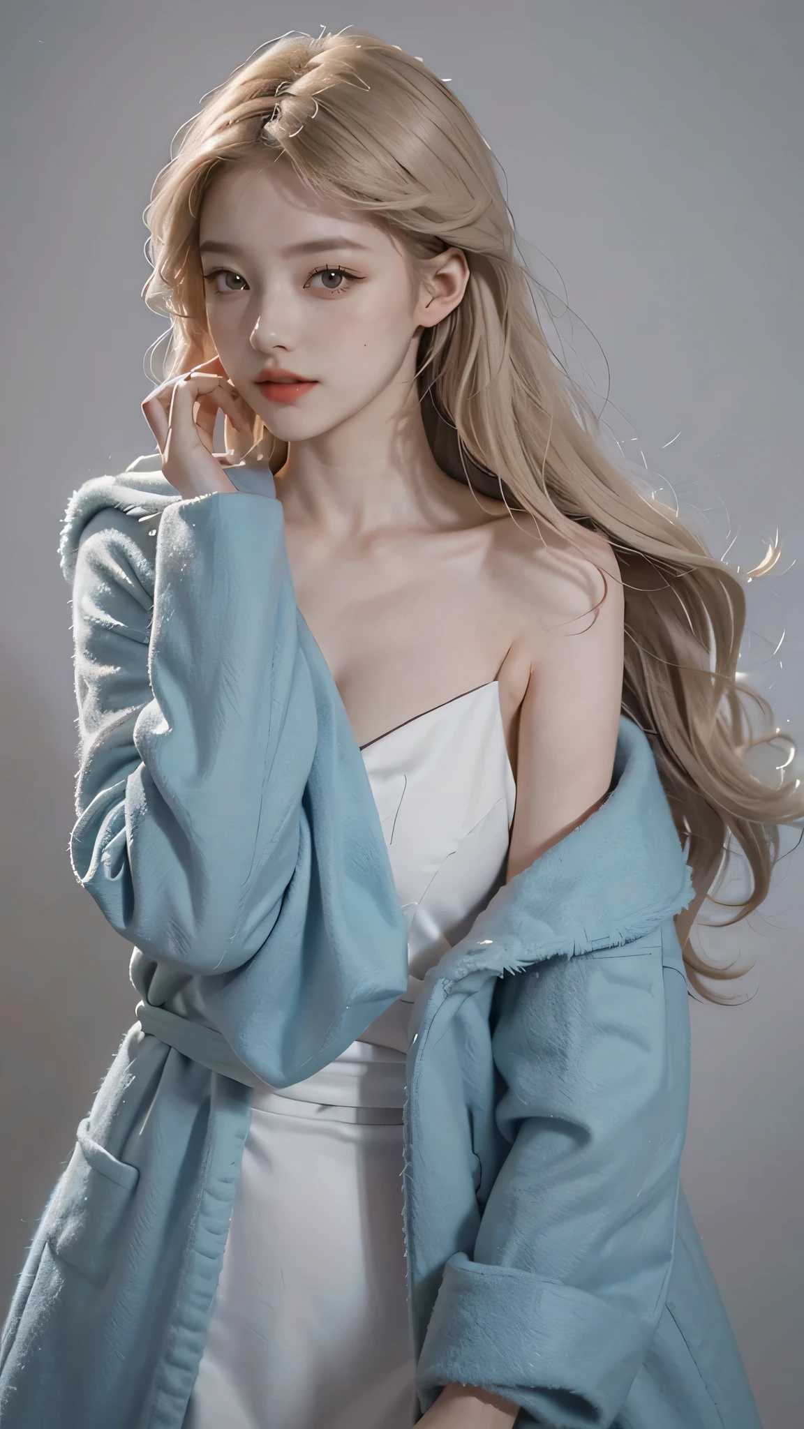 Girl wearing, luxury  cyan coat, shoulder length hair, wavy hair, glowing skin, star in eye, red lips, grey  background, cute poses , upper body, light blonde hair.