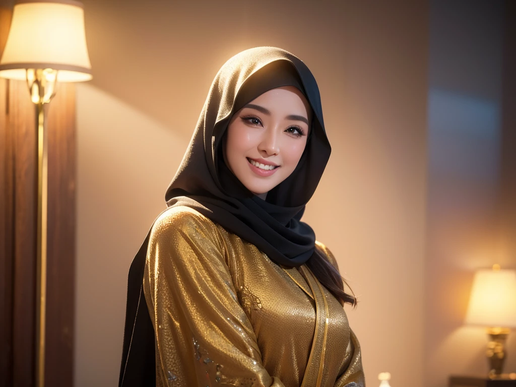 1girl, gorgeous Indonesian woman, silk abaya, hijab, smiling, shy, opened mouth, visible teeth, hot mom, full body portrait, (best quality,4k,8k,highres,masterpiece:1.2),ultra-detailed,(realistic,photorealistic,photo-realistic:1.37),HDR,UHD,studio lighting,ultra-fine painting,sharp focus,physically-based rendering,extreme detail description,professional,vivid colors,bokeh,portraits,warm color tones,dramatic lighting