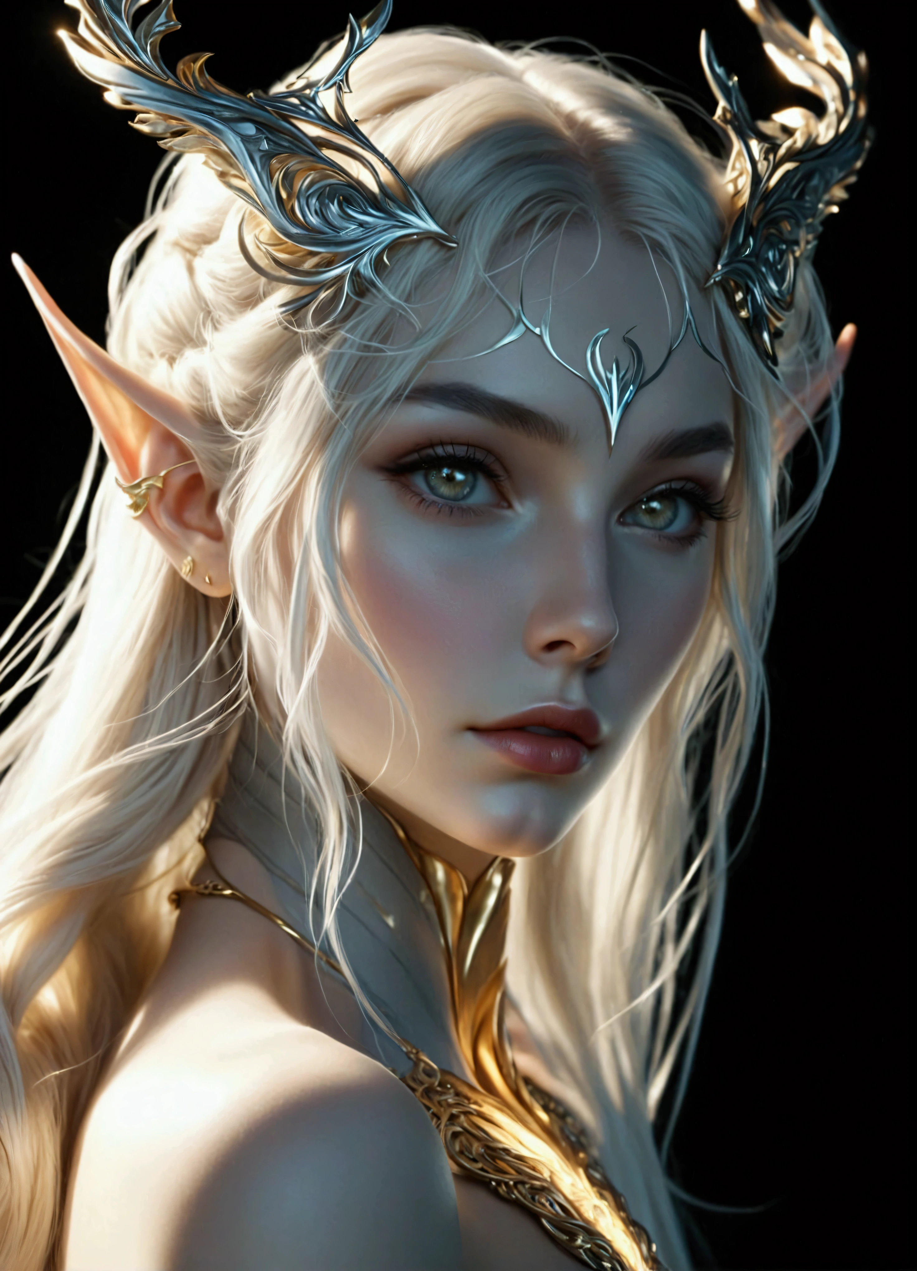 ELVE FEMALE (TOLKIEN) WITH AN HYBRID FACE BETWEEN , FULL BODY IMAGE , STUDIO IMAGE STYLE, BLACK INFINITE BACKGROUND, DIFFUSED LIGHTS ON FACE, BACK LIGHTS ON HAIR, LUMINOUS HAIR, CLOSE FACE SHOT, PLATINUM LONG HAIR, HUGE STRAIGHT LONG HAIR, BRAID HAIR STYLE, PLATINUM EYEBROWS, VERY PALE SKIN, LUMINOUS SKIN, FEMALE FAIRY, TOLKIEN MITHOLOGY, EXPOSED TIP EARS, HIGH DETAILED ELVE EARS, HIGH CHEEKBONES, ROSY CHEEKS, EXPRESSIVE LIGHT GRAY EYES, GORGEOUS LIPS, SOFT LIPSTICK, GORGEOUS ATHLETIC BODY, STRONG BODY, SOFT MUSCLES, VOLUMOUS BREASTS, ONE SHOULDER CLEAVAGE, LONG BLACK MEDIEVAL DRESS, GOLDEN SANDALS ON FEET, SPLIT LONG DRESS, ONE SHOULDER DRESS, GOLDEN DETAILS, GOLDEN BRACELETS, GOLDEN CHOKE COLLAR, EXPOSED THIGHS, ENIGMATIC FACE EXPRESSION, FRONT BODY VIEW, FULL BODY PERSPECTIVE, LOOKING UP, TOLKIEN MITHOLOGY, HIGH QUALITY IMAGE, MASTERPIECE, 8K