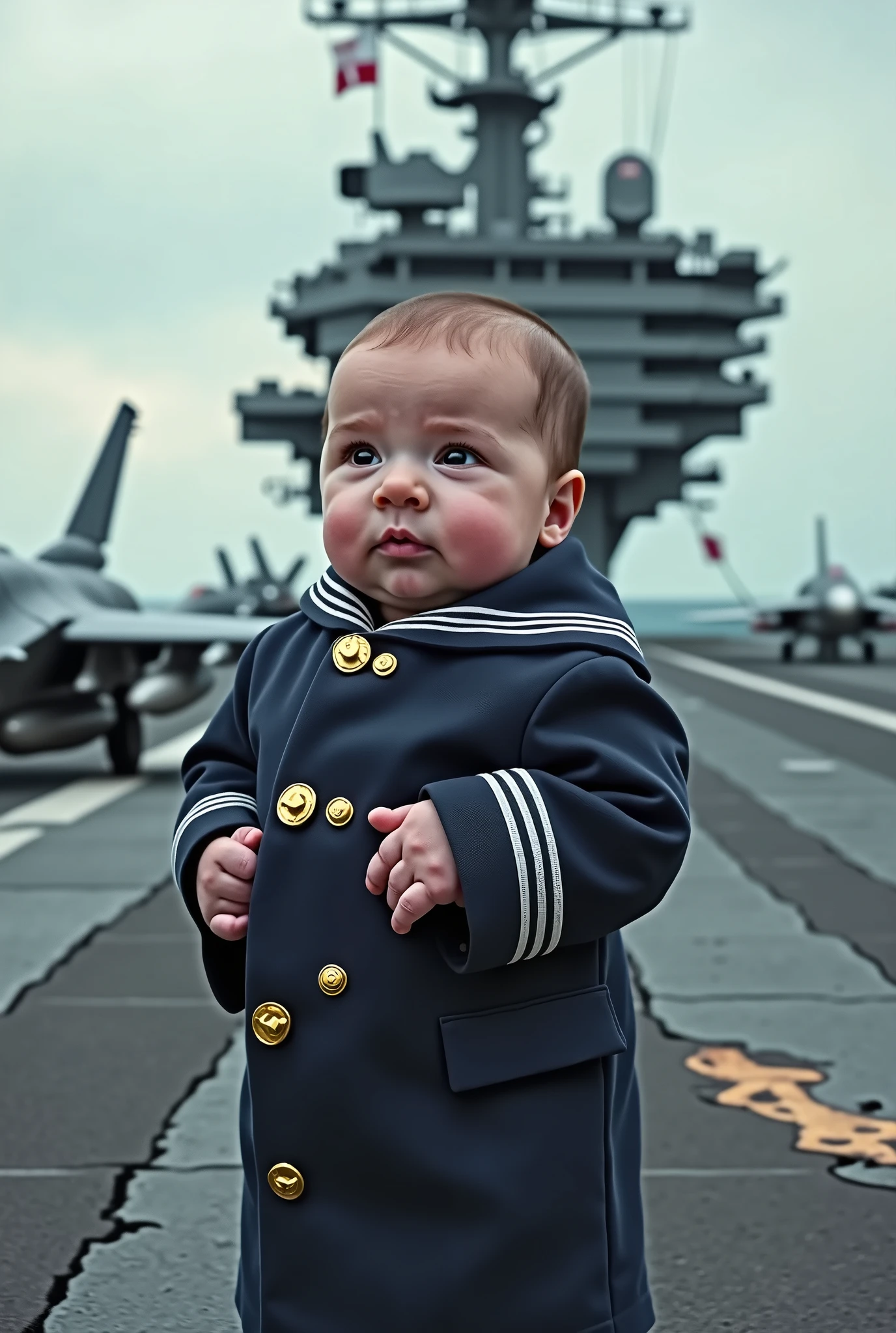 Newborn wearing a Navy uniform and leading naval forces from an aircraft carrier as real as real life