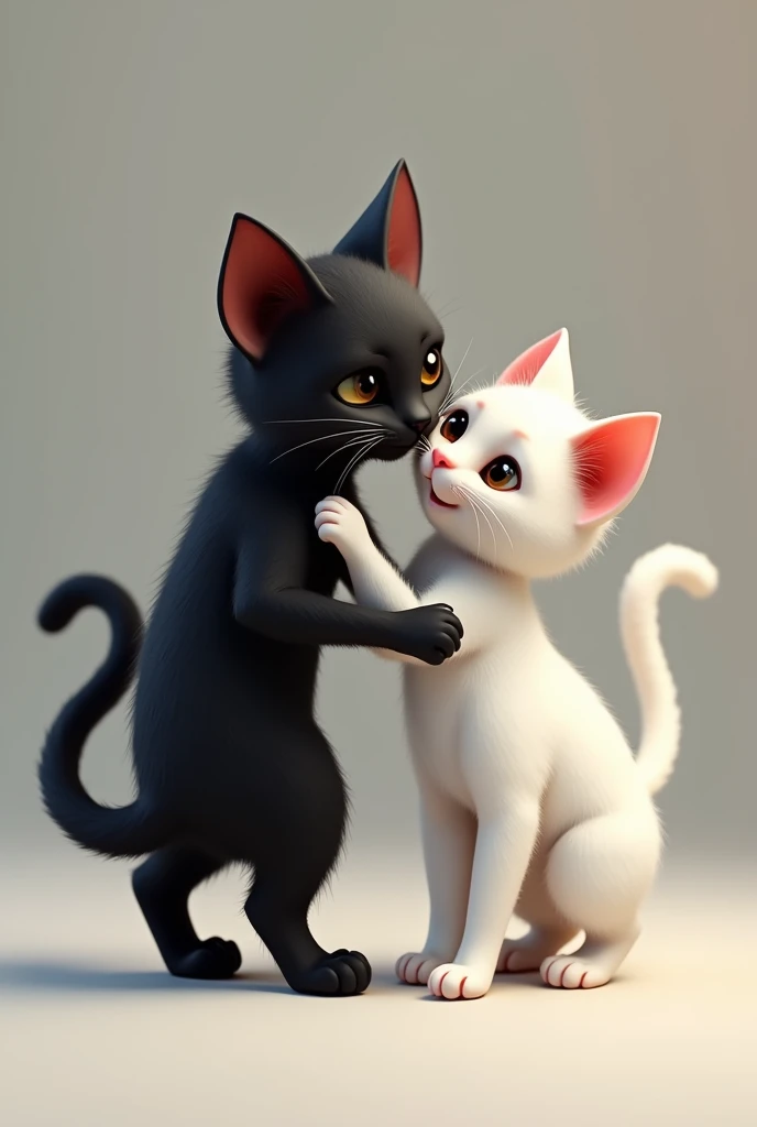 Tall, thin age black cat with black eyes with a short, thin teenwhite cat with brown eyes