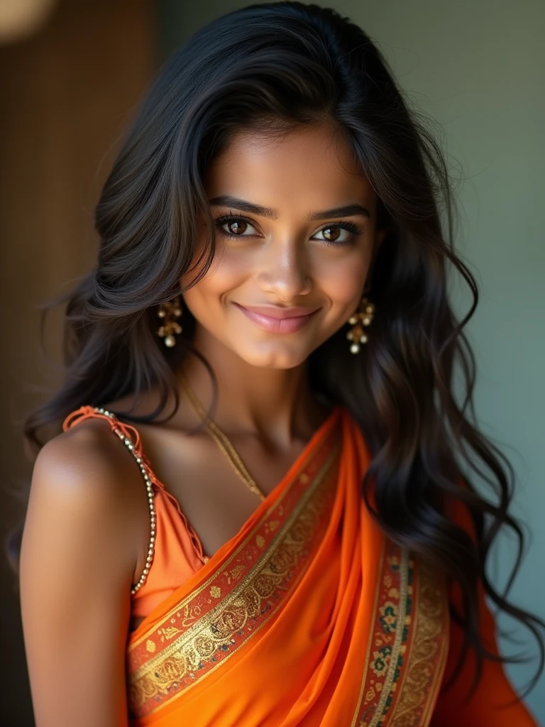 beautiful girl, wearing saree, cute girl, lusty smile, simple background