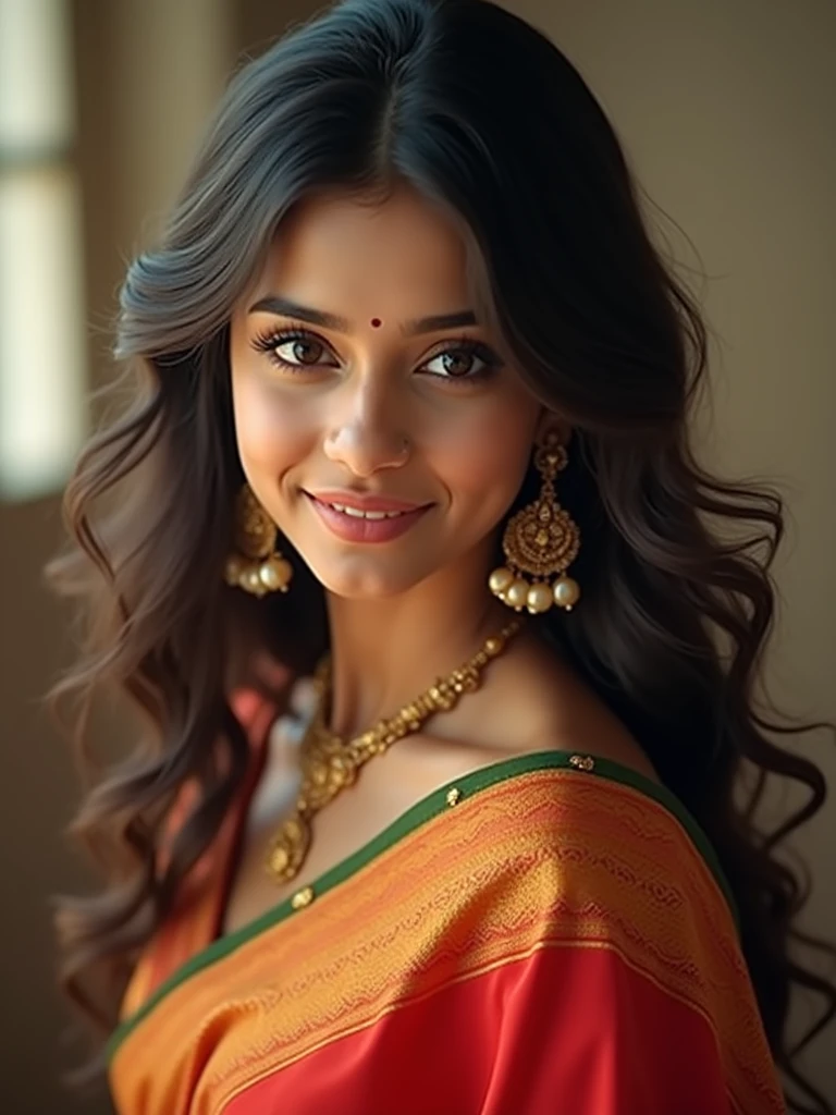 beautiful girl, wearing saree, cute girl, lusty smile, simple background