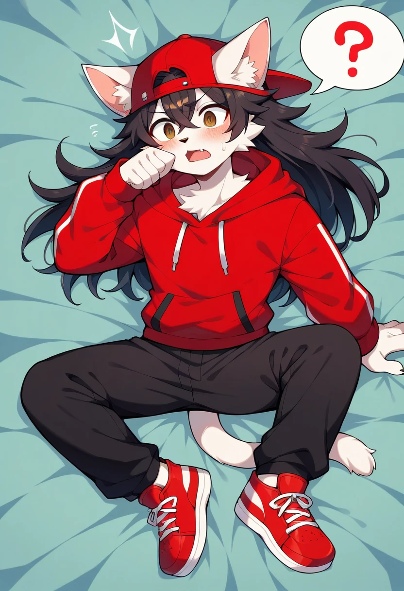 masterpiece, best quality, expressive eyes, perfect face, a man get transformed into a furry white cat , cat furry, white Fur, confused, blushed, black hair, long hair, red baseball cap with a withe M, red hoodie, black shirt, black pants, red sport shoes, brown eyes , Open mouth , full body,  shock,  in a bed