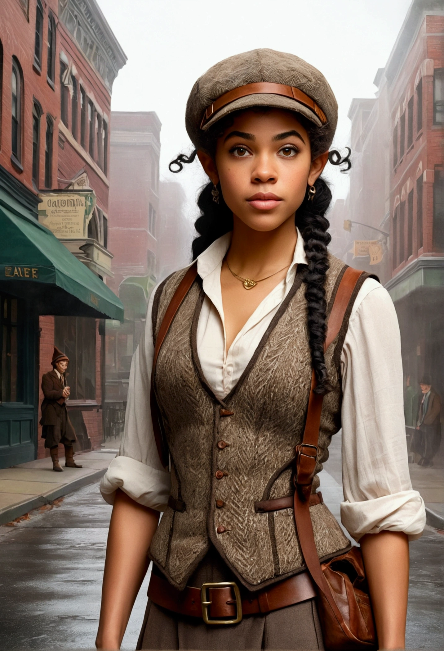 An illustrated movie poster, hand-drawn, full color, an elven maiden, wearing a tweed vest and a newsie cap, tall, toned, amazonian stature, athletic hourglass figure, busty bosom, long pointy elf ears, amber eyes, dark hair, curly bob cut, warm almond skintone, freckles, resembles Alexandra Shipp, standing on a foggy Victorian-era street corner, graphite shading, stencil marks, airbrushed acrylic paint, masterpiece, elf ears